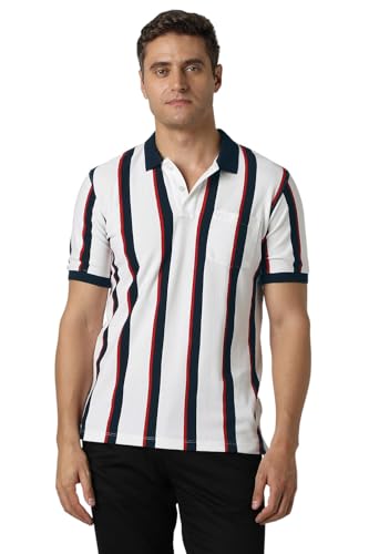 Image of Peter England Men's 100% Cotton Vertical Striped Polo T-Shirt - Casual Wear | Sleek & Comfortable