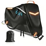Motorcycle Cover Waterproof Outdoor, 420D Heavy‑Duty Thick Powersports Vehicle Covers with Breathable Vent Windows, Fits Up to 104 Inch, Lock-Holes, Storage Bag & Night Reflective Design