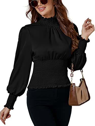 LYANER Women's Shirred Frill Mock Neck Smocked Puff Long Sleeve Blouse Top3