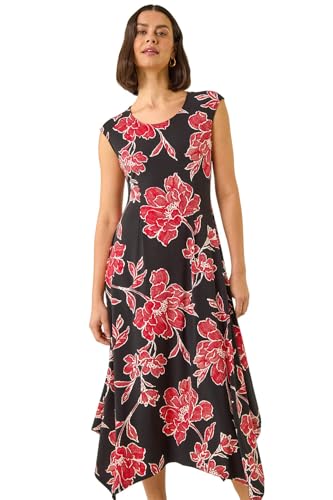 Image of Roman Hanky Hem Swing Dress with Pockets for Women UK Ladies Asymmetric Hemline Stretch Jersey 3/4 Sleeve Winter Smart Casual Work Office Knee Length Tunics - Floral Black - Size 20