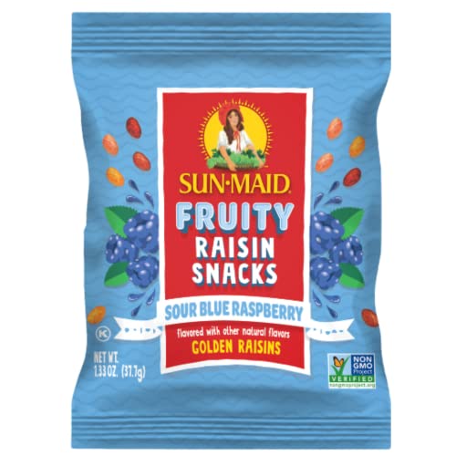 Image of Sun-Maid Sour Blue Raspberry Fruity Raisin Snacks - (200 Pack) 1.33 oz Pouches - Sour Blue Raspberry Raisins - Dried Fruit Snack for Lunches and Snacks