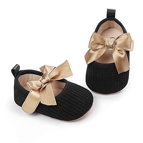 Bellocasa Baby Mary Jane Flats for Girls with Bowknot Cotton Anti Skid Sole Infant First Walker Princess Dress Crib Wedding Shoes (A/Black, 0_Months)