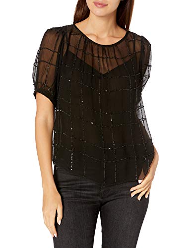 Velvet by Graham & Spencer Women's Cecilia Sequined Chiffon Shortsleeve Blouse, Black, L