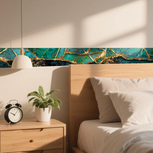 Image of Nuxovilar Teal Gold Geometric Peel Stick Wall Border PVC 3.94x16.4' | Wall Trim, Molding Decal, Peel Stick Border, Adhesive Frame, for Bedroom, Kitchen, Living Room (Teal Gold Shape)