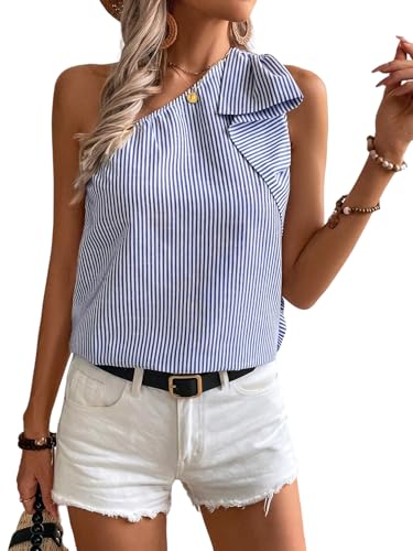 SOLY HUX Women's Striped Print One Shoulder Blouse Sleeveless Summer Tank Tops Casual Vacation Shirts - Main Image