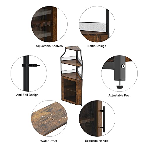 Amyove Corner Wine Bar Cabinet with Detachable Wine Rack, Industrial Wine Cabinet with Glass Holder, Small Sideboard and Liquor Coffee Bar Cabinet with Mesh Door, Retro Brown