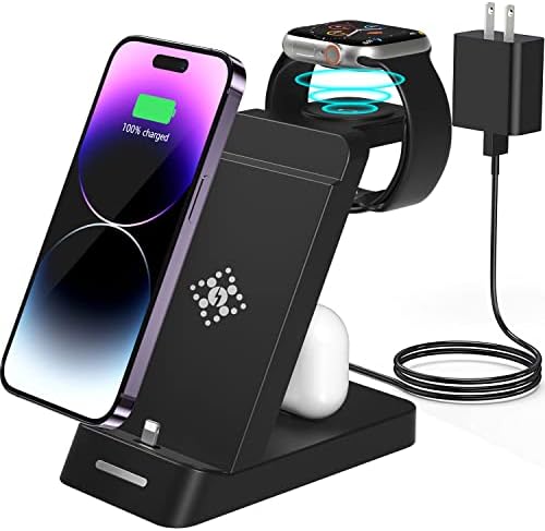 Charging Station for Multiple Devices Apple, 3 in 1 Fast Wireless Charger Dock Stand for iPhone 14 Pro Max/13/12/11/X/8 Plus, Apple Watch Series Ultra/8/7/6/SE/5/4/3/2 and Airpods with Adapter
