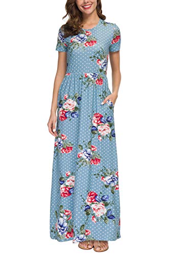 Zattcas Womens Maxi Dresses Short Sleeve O Neck Pattern Pocket Maxi Long Dress,Light