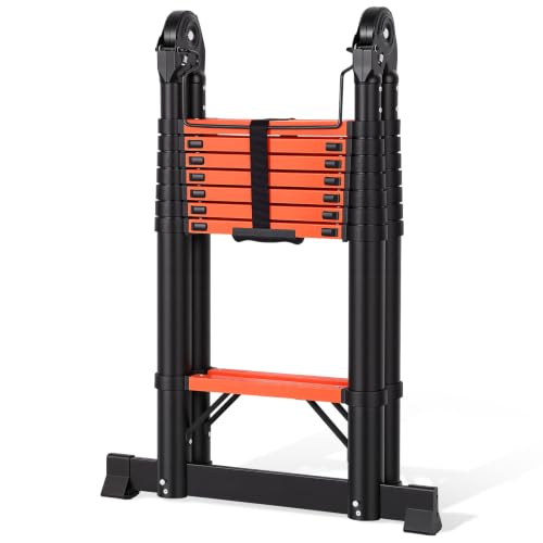 Image of Telescoping Ladder 16.5 FT A Frame, Extension Multi-Purpose with Balance Bar Heavy Duty 330 lbs Max Capacity for Home and Outdoor Work, Orange