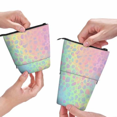 Image of Swono Holographic Leopard Pencil Case Gradient Cute Rainbow Cheetah Standing Pencil Case Pencil Pouch Pencil Holder Bright Pastel