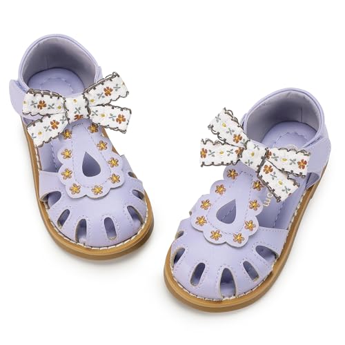 Image of Hehainom Toddler Girls Sandals Closed Toe Bow Flower Girl Summer Shoes Little Kids Flats Sandals