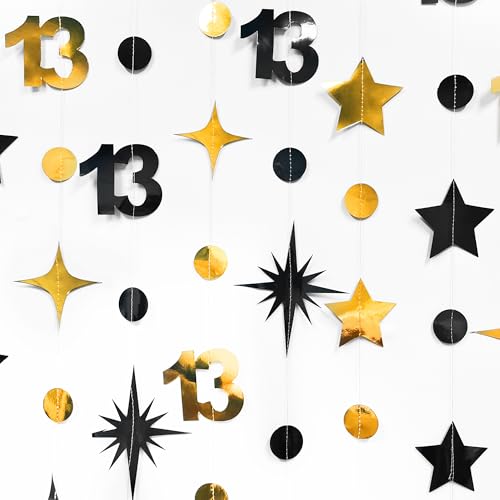 Image of Black Gold 13th Birthday Decorations Number 13 Circle Dot Twinkle Star Garland Metallic Hanging Streamer Banner Backdrop Girls Boys 13 Years Old Birthday Thirteen Official Teenager Party Supplies
