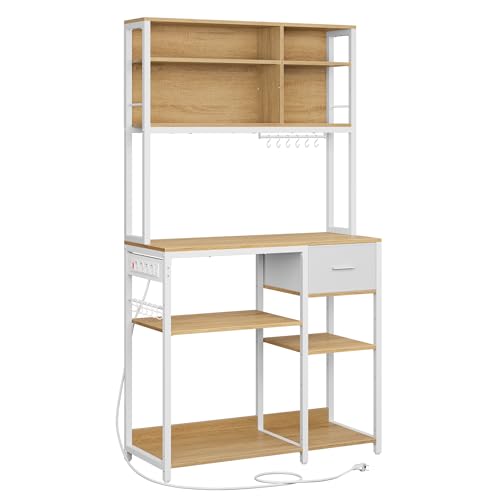 VASAGLE Étagère de Cuisine avec Multiprise, Bar à Café avec Étagères Réglables, Tiroir en Tissu, 12 Crochets, 40 x 100 x 180,4 cm, Support pour...