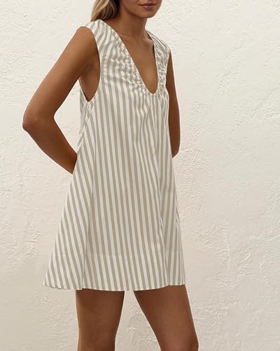 Image of Women Summer Sleeveless Babydoll Mini Dress Scoop Neck Loose Fit Tank Dresses Party Ruched Short Dress with Pockets