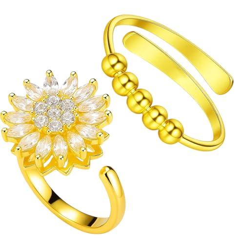 BDBFPAN 2 Stück Stress Ring Set, Anxiety Ring Gold, Anti Stress Rings zur Entspannung Geeignet für Entspannende Stimmung und Modeaccessoires