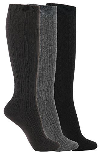 Wowfoot Womens Knee High Socks Luxury Cotton For Girl Stylish Design Fun (Cable Type-Grey,Brown,Black-3 Pair), One Size #TOP11