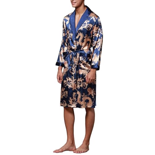 Men's Long Sleeve Robe Satin Pjs Long Summer Luxury Bathrobe Spring Lightweight Cool Knee Length Pajamas4