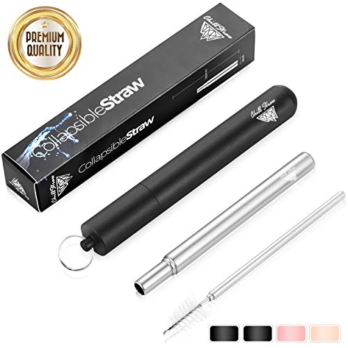 Reusable Straws Metal Collapsible Straw - Stainless Steel Straws Drinking Travel Straw, Foldable Reuseble Reuseable Portable Colapsable, Collapsable Pack With Case and Cleaning Brush - Perfect Silver