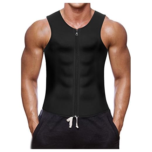 Men Waist Trainer Vest Hot Neoprene Corset Body Shaper Zipper Sauna Tank Top Workout Shirt (L, Black Neoprene Slimming Vest)