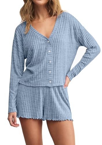 Dressmine Womens Long Sleeve Pajama Sets Button Up Pajamas Sleeping Shorts 2 Piece Lounge Set Knit Sexy Sleepwear