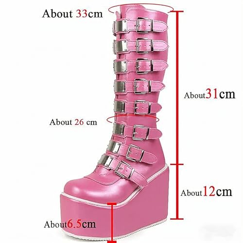 Image of Gothniero High Platform Knee Boots Chunky Heel Wedge Black Boots For Women Combat Goth Punk Motorcycle Booties Zip up With Metal Buckles Size5-11
