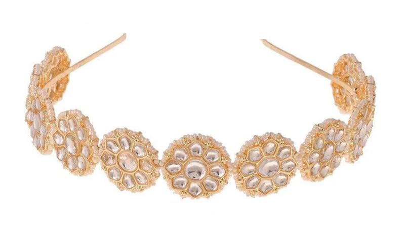 Soika® Sheesh Phool | Traditional Rajasthani Gold Plated Kundan Pearl Studded Sheeshphool/Mathapatti/Hairband For Girls & Women (Floral Kundan Hairband) (B0CYWYLFG5) Amazon Price History, Amazon Price Tracker