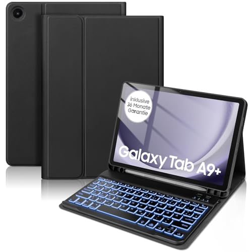 KTOITION Hülle mit Tastatur für Samsung Galaxy Tab A9 Plus 11 Zoll 2023 Tablet SM-X210/X216/X218, Beleuchtete Keyboard Cover mit Magnetisch Abnehmbarer Deutscher Bluetooth Tastatur, Schwarz