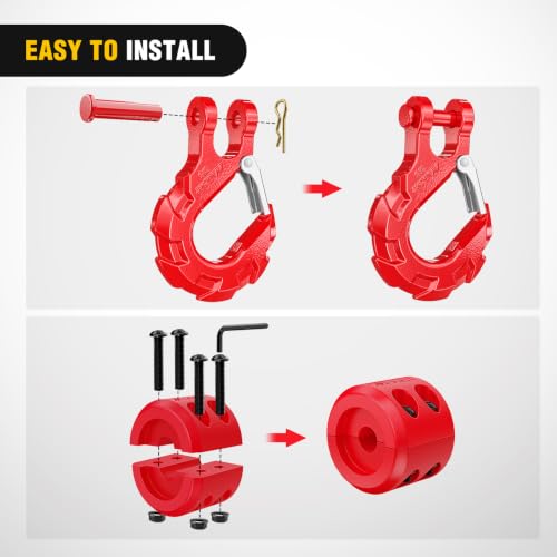 Image of Nilight Forged Steel Winch Hook 3 /8 inch Grade 70 Safety Latch Winch Cable Hook Stopper & Clevis Slip Hook Sets, Included Allen Wrench,Max 35,000 lbs, Red