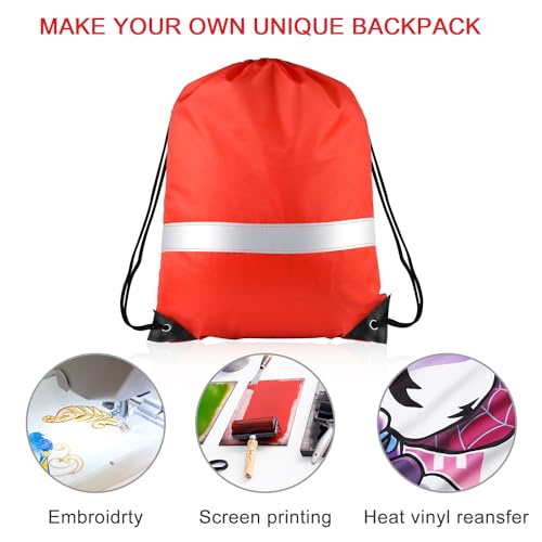 Image of KUUQA 12 Pcs Red Drawstring Backpacks with Reflective Strips - Polyester, 15.7 inch x 13.4 inch, Ideal for Yoga, Sport, Travel
