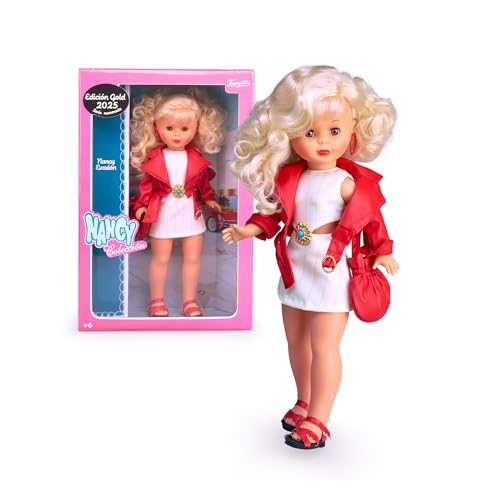 Nancy Colección Evasión, Muñeca Reedición de Principios de los 2000 con Vestido Blanco, Bombonera, Cazadoras y Zapatos Rojos, Muñeca para Coleccionistas con Certificado Oficial, Famosa (NAL20000)
