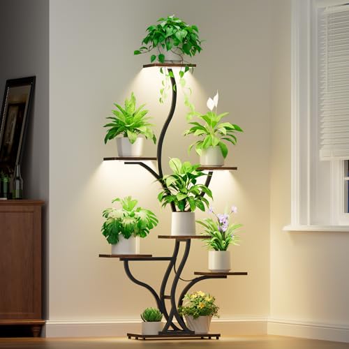 Image of JUSTOGO 7 Tier Plant Stand with Grow Lights, Tall Indoor Plant Shelf | 7 Tiered Shelf for Multiple Plants, Full-Spectrum Grow Lights, 59 inch Corner Design for Small Spaces, For Patio, Home Decor