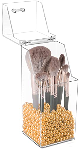 Image of Sooyee Makeup Brush Holder,Makeup Brush Organizer with 8mm Gold Pearls,Dustproof Makeup Brush holder with Lid