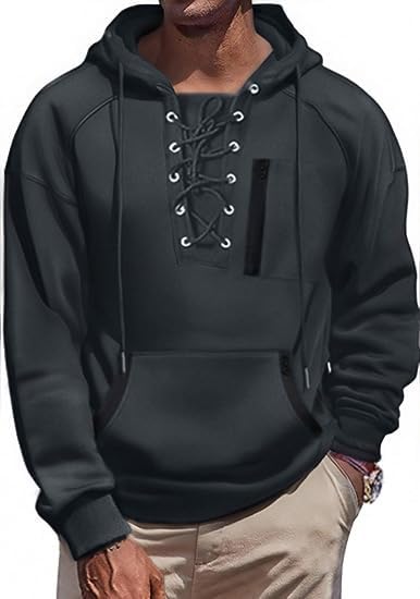 Men's Hoodies tactical hoodie Men Lace Up Sweatshirts Slim Fit Athletic Pullover Outdoor Long Hoodie with Pocket - Image 4