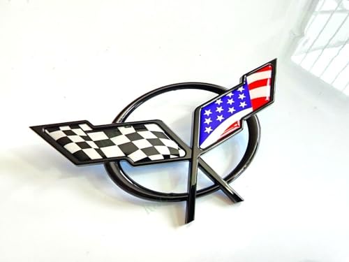 Image of 1Pc Corvette C5 Front Nose Cross Flags Emblem 3D Badge Nameplate Sticker Decal 19207384 Fit for 1997-2001 Corvette Crossed Flags (Front - w /Alignment Pins) (US Flag-Black /Blue)