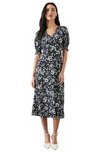 Dorothy Perkins Petite Navy Ditsy Shirred Cuff Jersey Midi Dress, 14, Blue