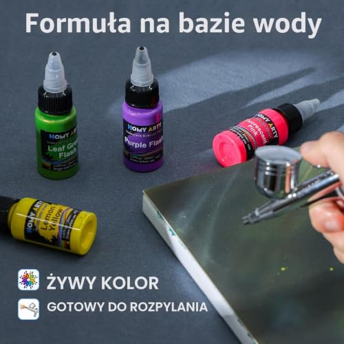 HOMY ARTY Farba do Aerografu- 42 Kolory z 6 Rozcieńczalnikami i 500 ml Zestaw Czyszczący z Pędzlami, Gotowa do Sprayowania Farba Akrylowa do Metalu, Modeli Plastikowych, Płótna, Drewna, 20 ml/Butelkę