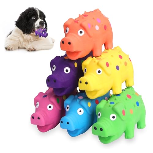 LLSPET 6 Pack Squeaky Pig Dog Toys, 4 in Latex Dog Toy Pigs, Multicolor Mini Dotted Piglets Chew Toys for Small Medium Dogs