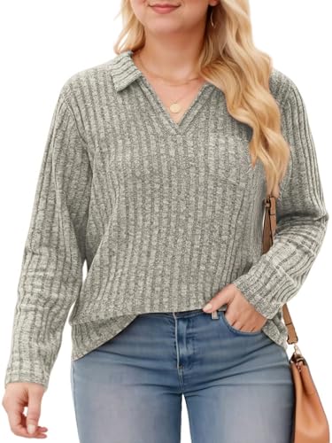 Image of VISLILY Womens-Plus-Size-Tops Collared V Neck Polo Shirts Lightweight Long Sleeve Sweaters Trendy Pocket Decor Tunic Blouses