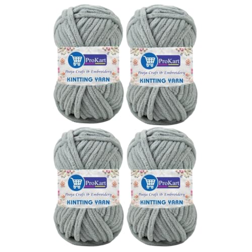 Image of ProKart Premium Blankie Wool, Plush & Cuddly, Chenille Yarn Supersoft Hand Knitting Wool Ball | Blanket Thick /Mottu Yarn Ball Suitable for Hand Knitting and Crocheting for Baby, Adult, Sweaters, caps, Throws, Home Furnishing, Scarves, Blankets (Silver, 100gms x 4 Pack)