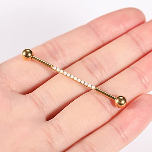 Gagabody Industrial Piercing 14G Industrial Earrings Surgical Steel Industrial Barbell Cartilage Body Piercing Jewelry 1 1/2 Inch 38Mm Gold Industrial Barbell With White Opal thumb #4