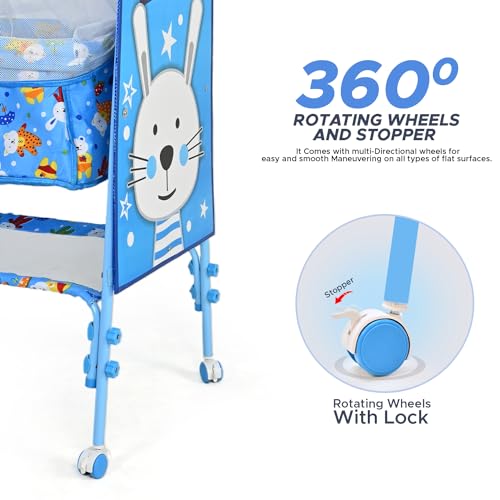 Image of Bubblebaby Premium Sturdy & Safe Baby Cradle Jhula /Palna /Bed /Ghodiyu /Baggi /Baby Bedding with Mosquito Net 360 Rotating Wheels & Lock Storage Mattress for 0-13 Months Boys Girls (Blue)1 Count