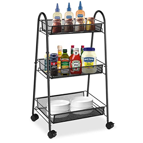 3-Tier Rolling Utility Cart, Metal Storage Cart with Lockable Wheels, Multifunctional Basket Serving Trolley Cart with Handles, Easy Assembly for Kitchen, Office, Bedroom, Pantry, Bathroom (Black)