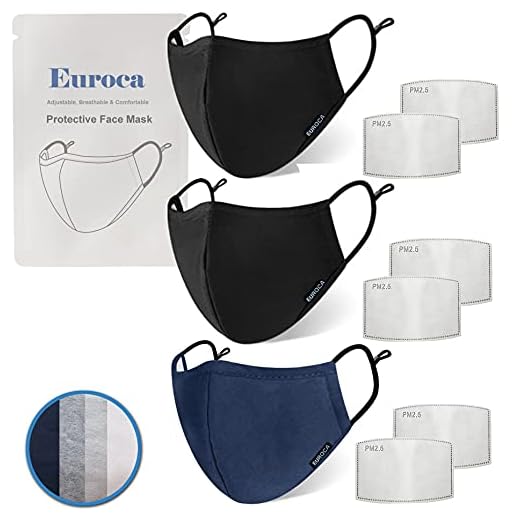 Euroca Cloth Face Mask 4 Layer Washable Reusable Breathable Adjustable with Filter Pocket for Adults- 3 Packs with 6 Filters included (Black Black Navy, Large)