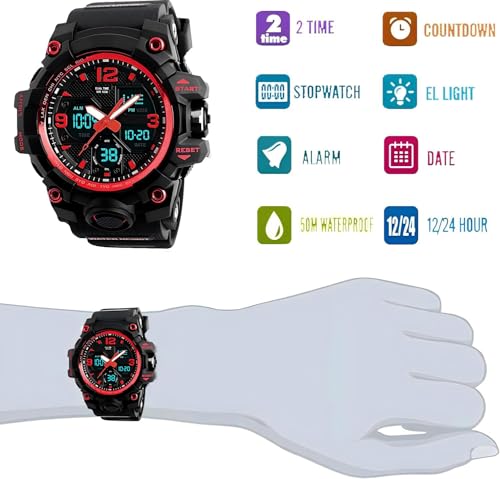 LYMFHCH Men's Analog Sports Watch, LED Military Digital Watch Electronic Stopwatch Large Dual Dial Time Outdoor Army Wrist Watch Tactical