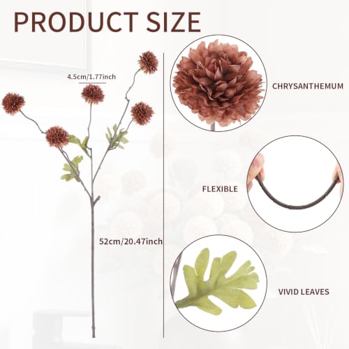 Tallos de Bola de Pompón Sintético Sin Mantenimiento Flores Artificiales de Crisantemo Marrón Moca 4