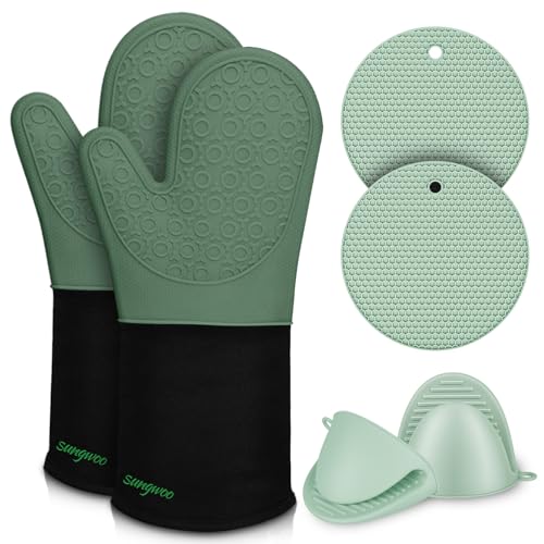 sungwoo 6pcs Silicone Oven Mitts and Pot Holders Sets, 14.6 Inch Heat Resistant Oven Gloves with Quilted Liner Non-Slip Textured Grip Perfect for BBQ, Baking, Cooking and Grilling Green
