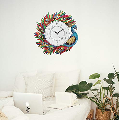 Image of Wooden Peacock Design Wall Clock Round Quartz Analog Decorative Antique Wall Clock for Home Decor