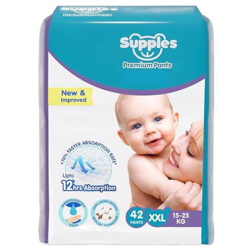 Image of Amazon Brand - Supples Premium Baby Diaper Pants | 42 Baby Diapers | XXL | 15-25 Kg | 12 Hrs Absorption | Cushiony Cotton Soft Fabric | Phthalates-Free | Triple Leak Guard