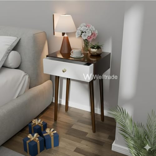 Image of Shoppee Wooden Antique 1- Drawer Wood Side Table Accent End Table for Living Room Solid Wood Leg Classic Bedside Table Nightstand for Bedroom (Walnut & White)