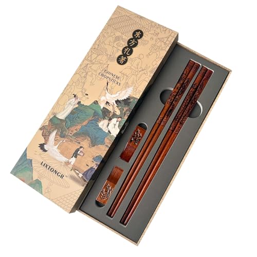 2 Pairs Reusable Wooden Chopsticks Set - Hand-Carved Dragon & Phoenix Design Food-Safe Non-Toxic...